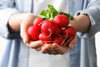 Photo of Woman with bunch of fresh radishes on white background, closeup