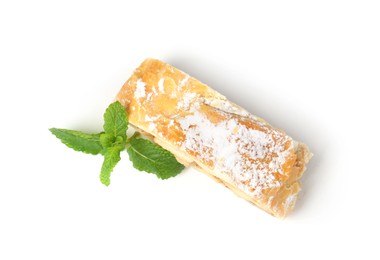 Photo of Piece of tasty apple strudel with powdered sugar and mint isolated on white, top view