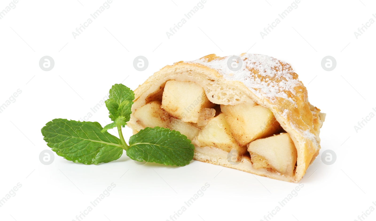 Photo of Piece of tasty apple strudel with powdered sugar and mint isolated on white