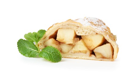 Photo of Piece of tasty apple strudel with powdered sugar and mint isolated on white