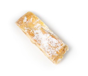 Photo of Piece of tasty apple strudel with powdered sugar isolated on white, top view