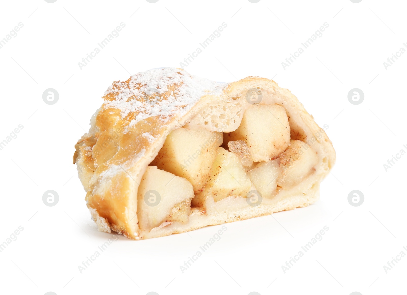 Photo of Piece of tasty apple strudel with powdered sugar isolated on white