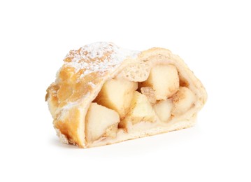 Piece of tasty apple strudel with powdered sugar isolated on white