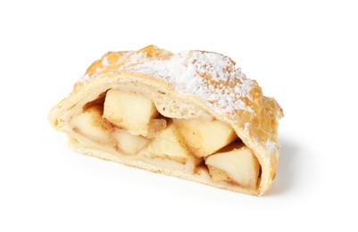 Piece of tasty apple strudel with powdered sugar isolated on white