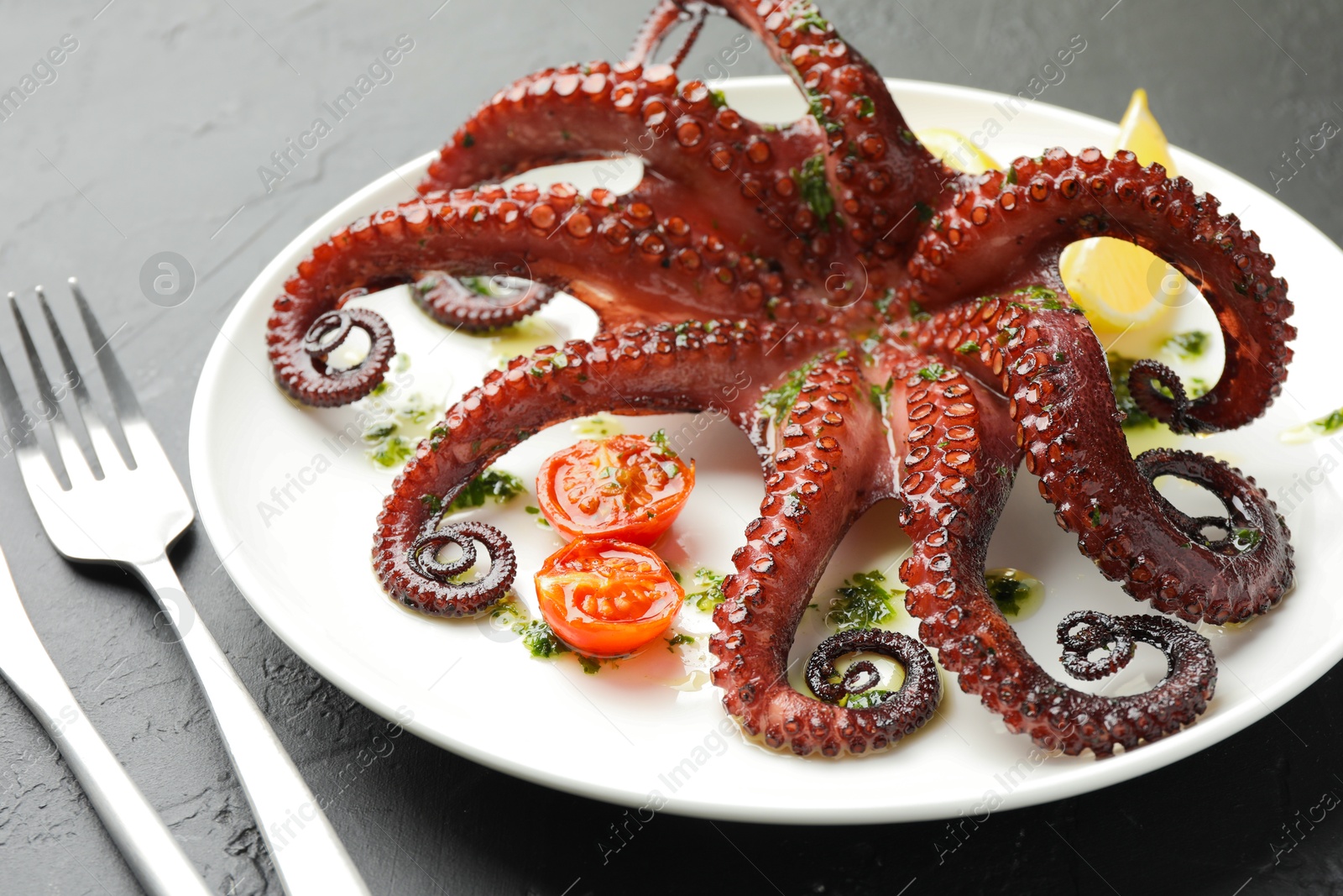 Photo of Fried octopus with herb sauce and tomatoes on dark textured table, closeup