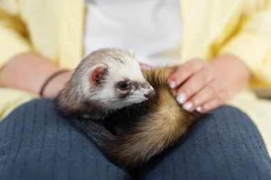 Photo of Woman with cute ferret, closeup. Domestic pet