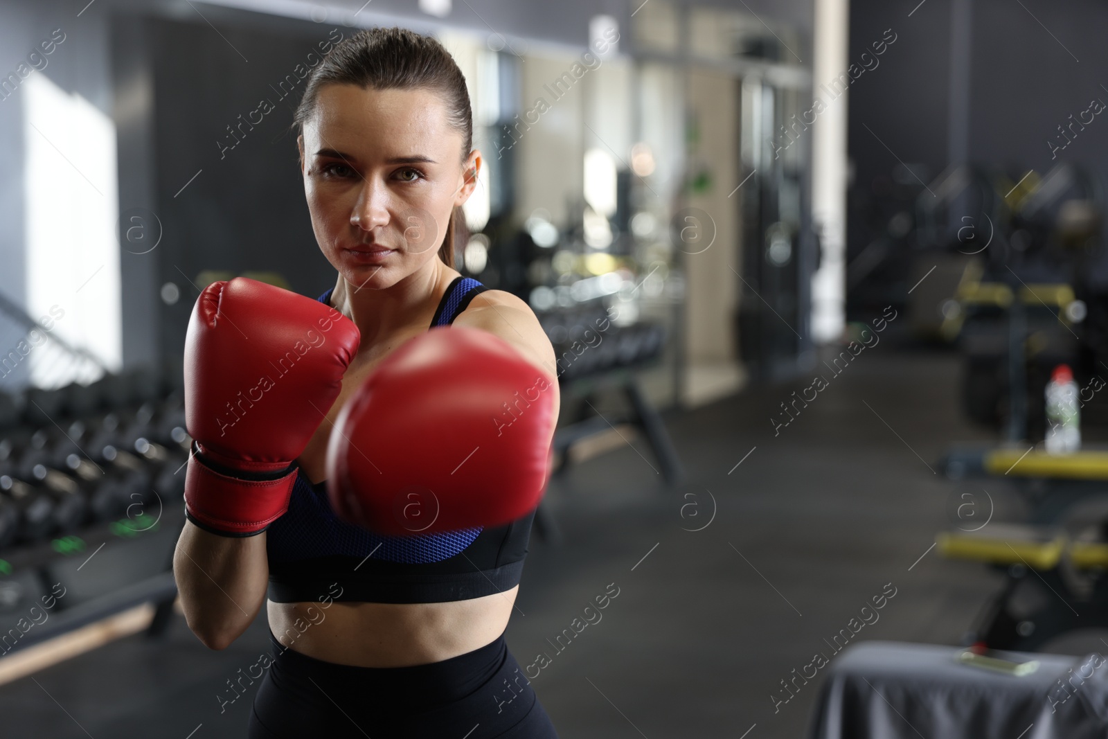 Photo of Athletic woman wearing boxing gloves training in gym. Space for text