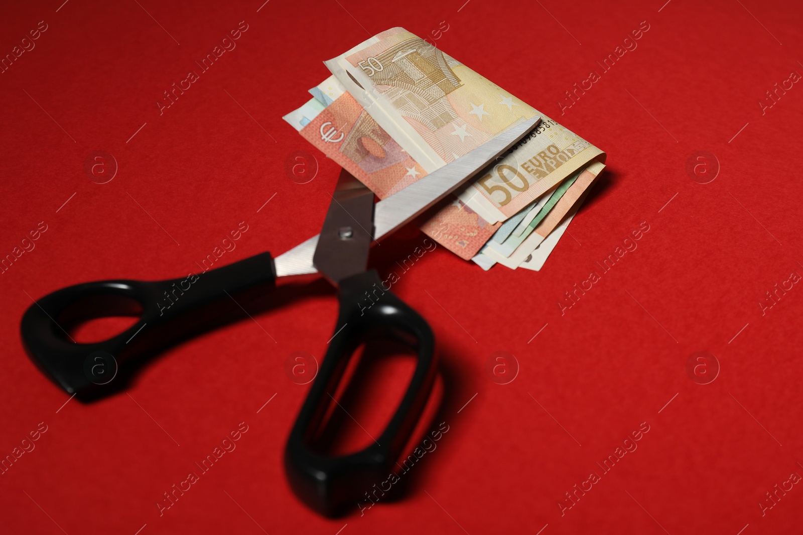 Photo of Euro banknotes and scissors on red background, closeup