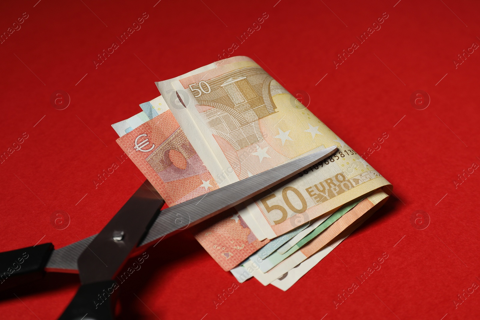 Photo of Euro banknotes and scissors on red background, closeup