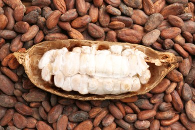 Cocoa pod on beans as background, top view