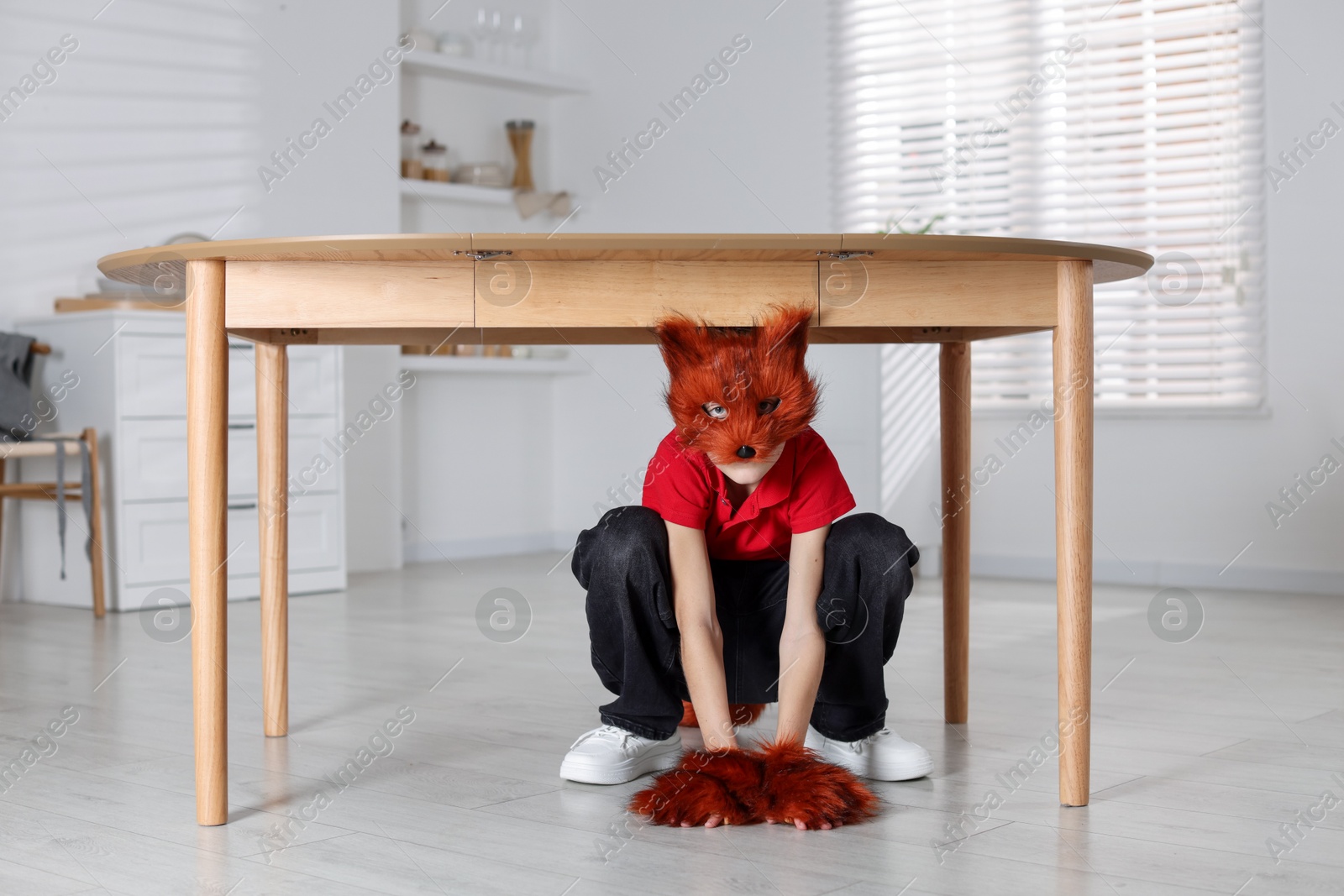 Photo of Quadrobics. Boy wearing fox mask and gloves under table indoors