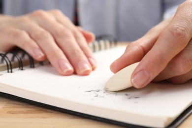 Photo of Woman rubbing eraser against paper at wooden table, closeup