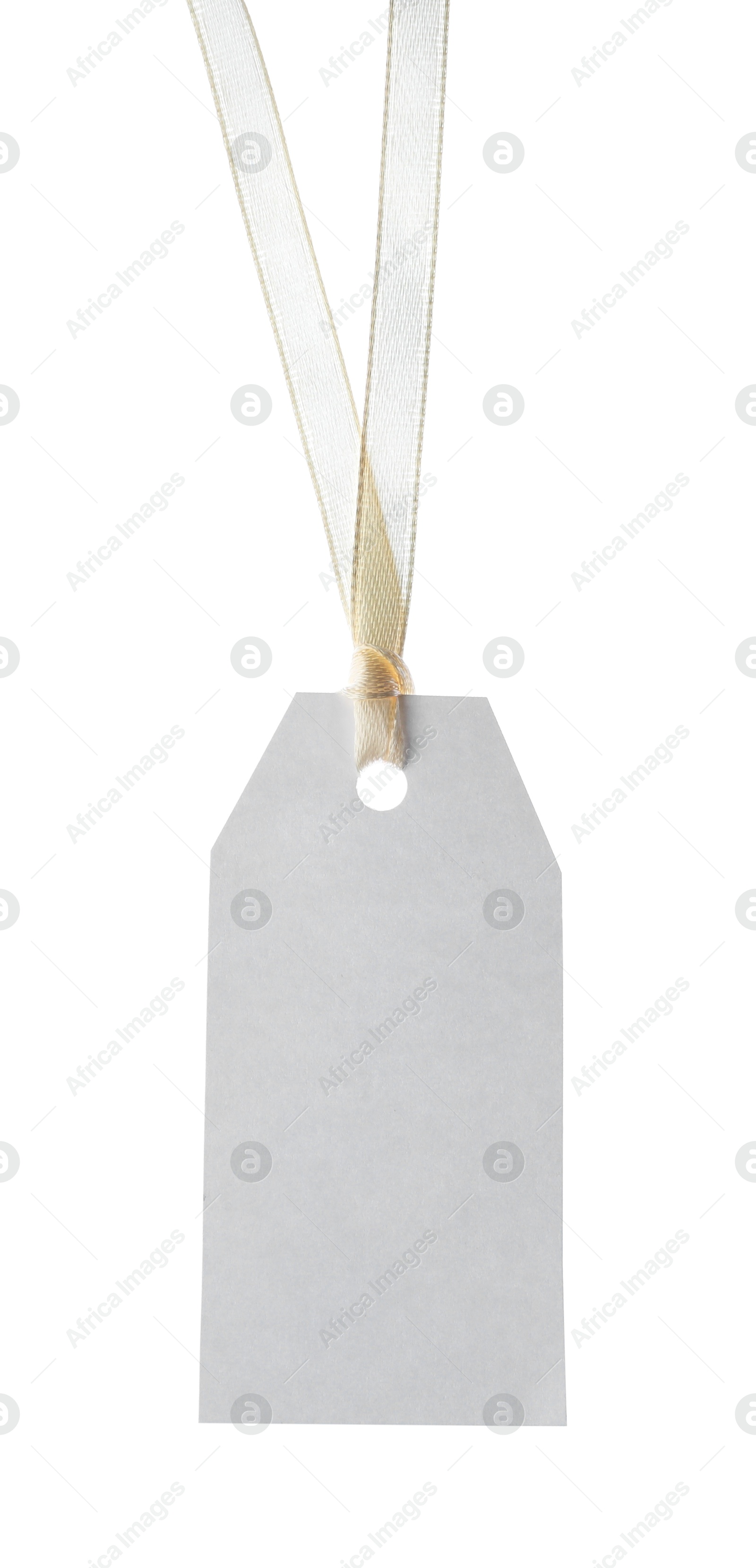 Blank tag with ribbon isolated on white Photo of Blank tag with ribbon isolated on white