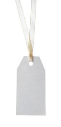 Photo of Blank tag with ribbon isolated on white