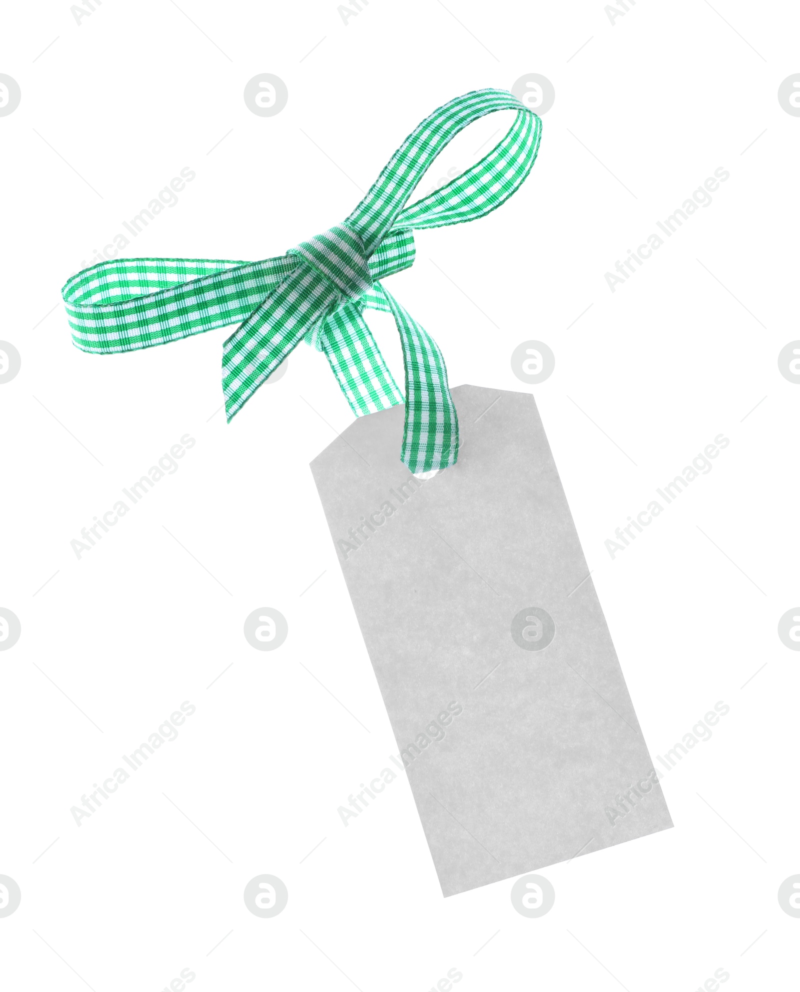 Blank tag with green bow isolated on white Photo of Blank tag with green bow isolated on white