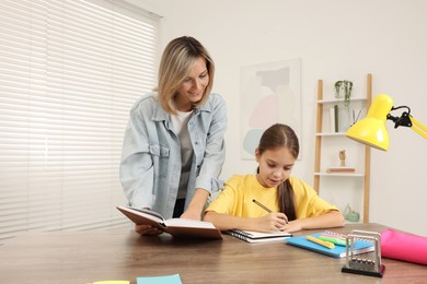 Smiling mother helping her daughter with homework at table indoors