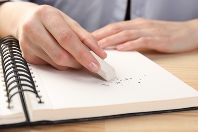 Photo of Woman rubbing eraser against paper at wooden table, closeup