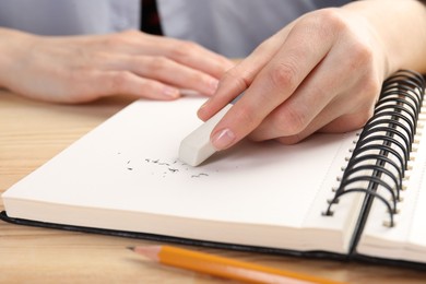 Photo of Woman rubbing eraser against paper at wooden table, closeup