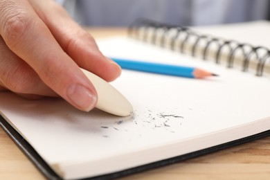 Photo of Woman rubbing eraser against paper at wooden table, closeup