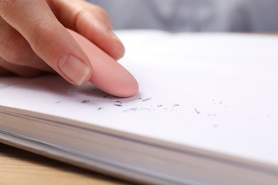 Photo of Woman rubbing eraser against paper at wooden table, closeup