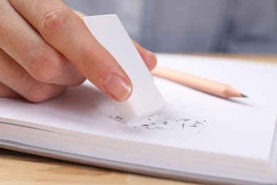 Photo of Woman rubbing eraser against paper at wooden table, closeup