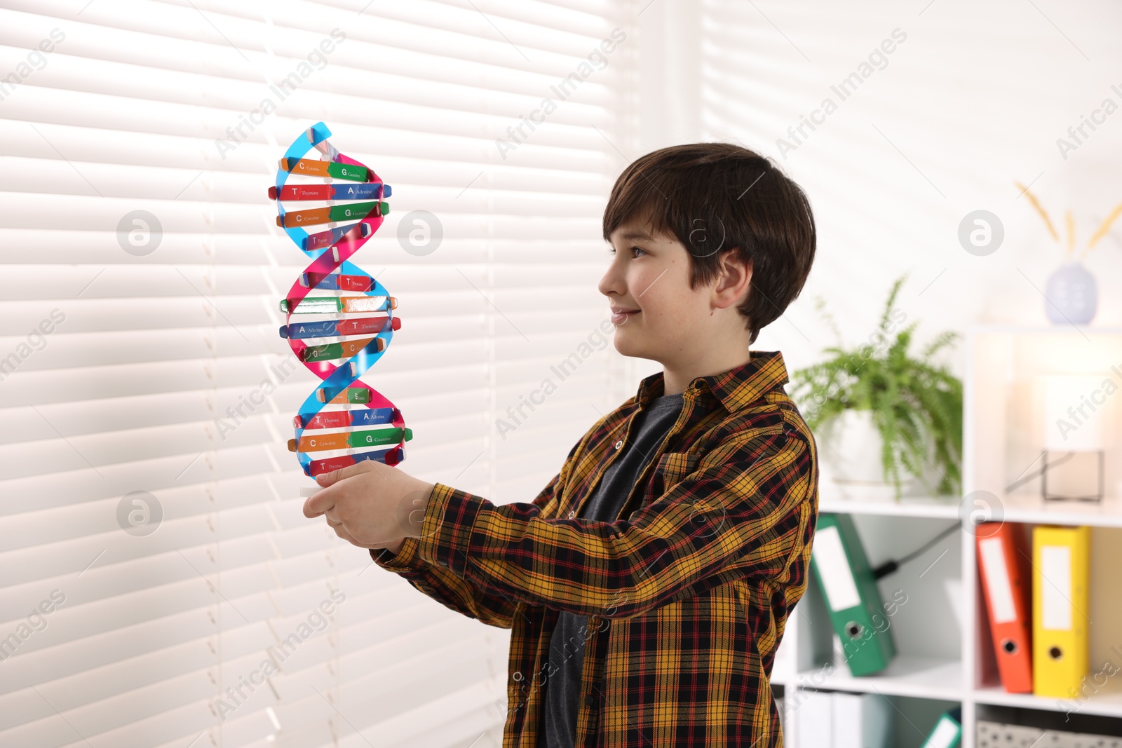 Photo of Smiling boy with DNA structure model indoors