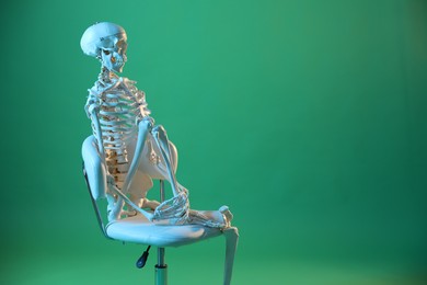 Artificial human skeleton model sitting on chair against green background, space for text