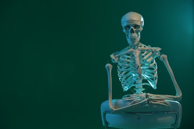 Photo of Artificial human skeleton model sitting on chair against green background, space for text