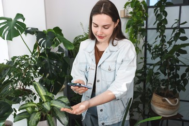 Woman using houseplant recognition application on smartphone indoors