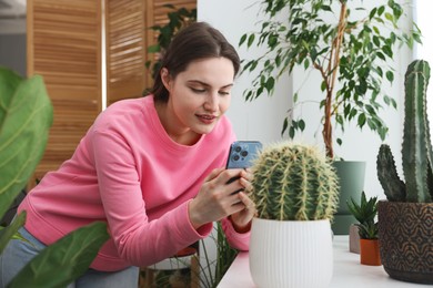 Photo of Woman using houseplant recognition application on smartphone indoors