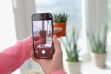 Woman using houseplant recognition application on smartphone indoors, closeup