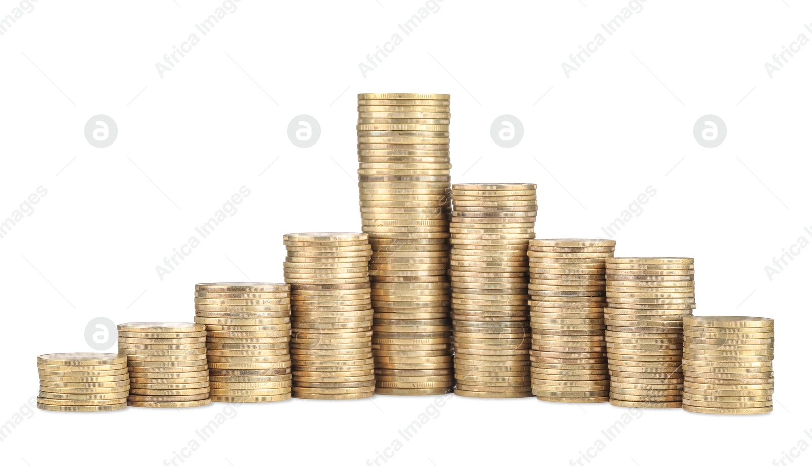 Stacks of golden coins isolated on white Photo of Stacks of golden coins isolated on white