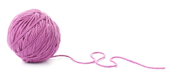 Photo of Ball of violet yarn isolated on white