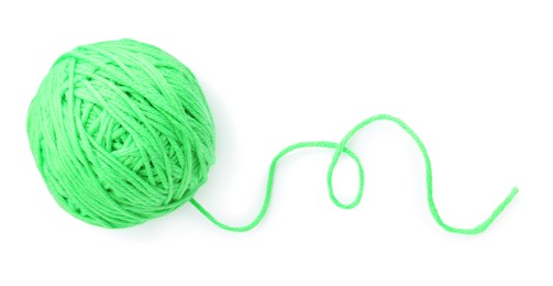 Ball of light green yarn isolated on white, top view