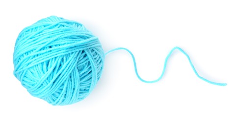 Photo of Ball of light blue yarn isolated on white, top view