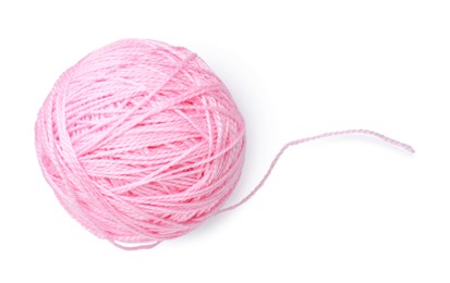 Ball of pink yarn isolated on white, top view