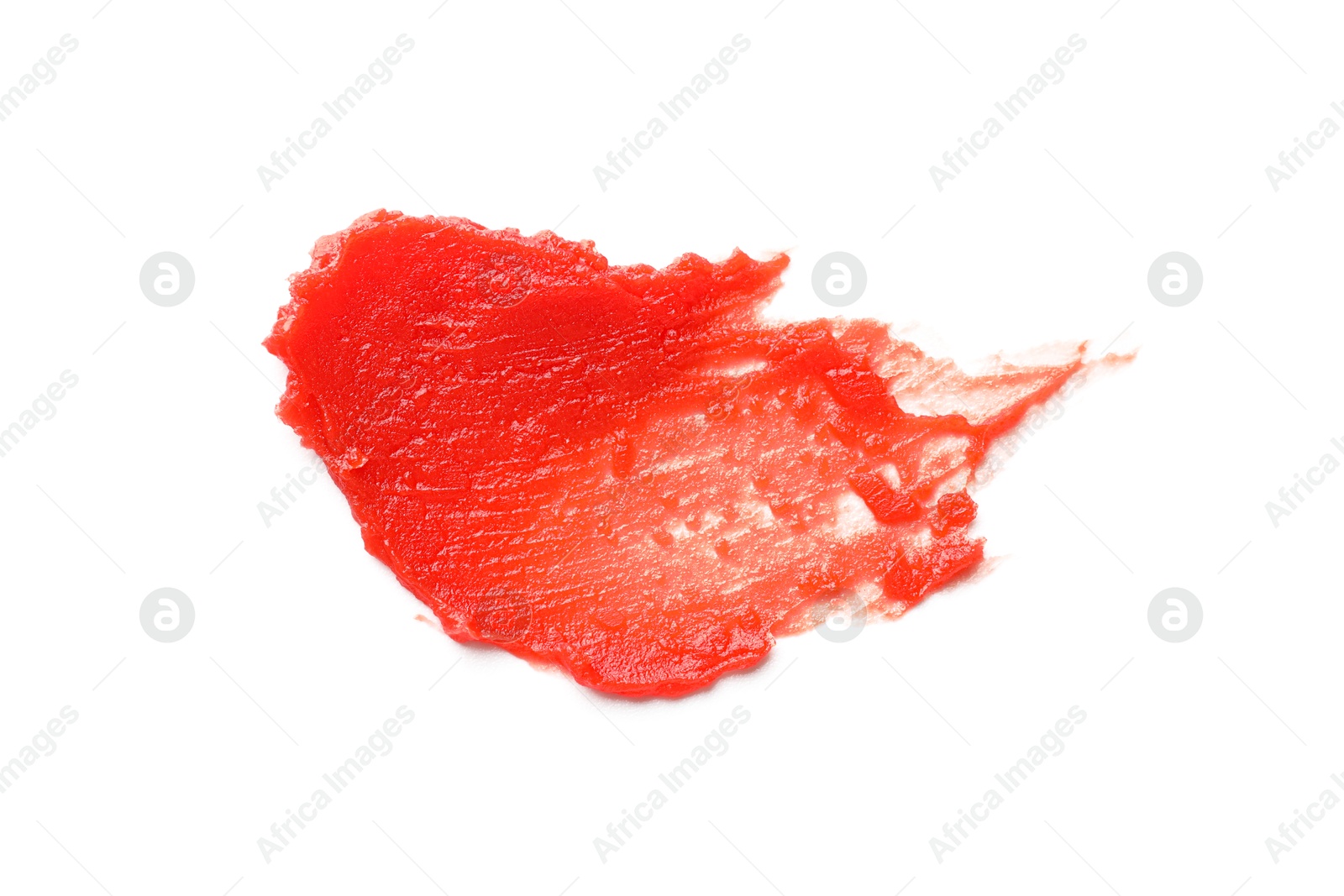 Photo of Sample of red lip balm isolated on white, top view