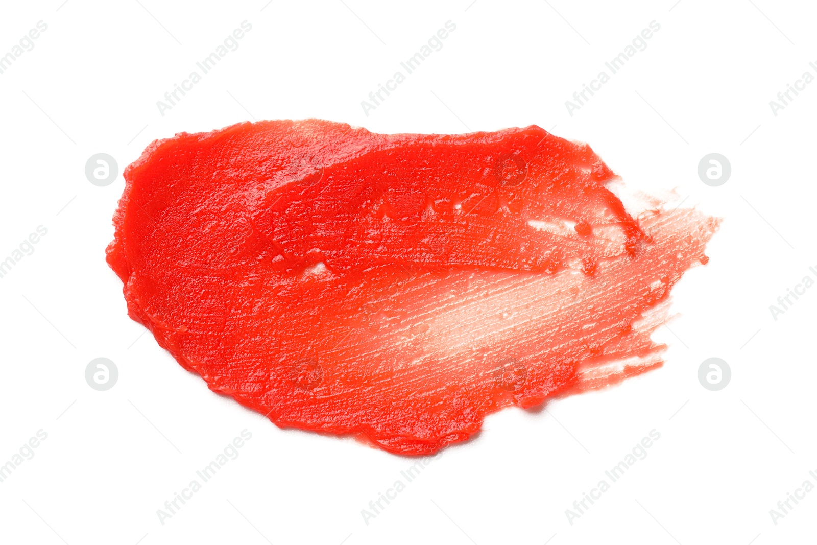 Photo of Sample of red lip balm isolated on white, top view