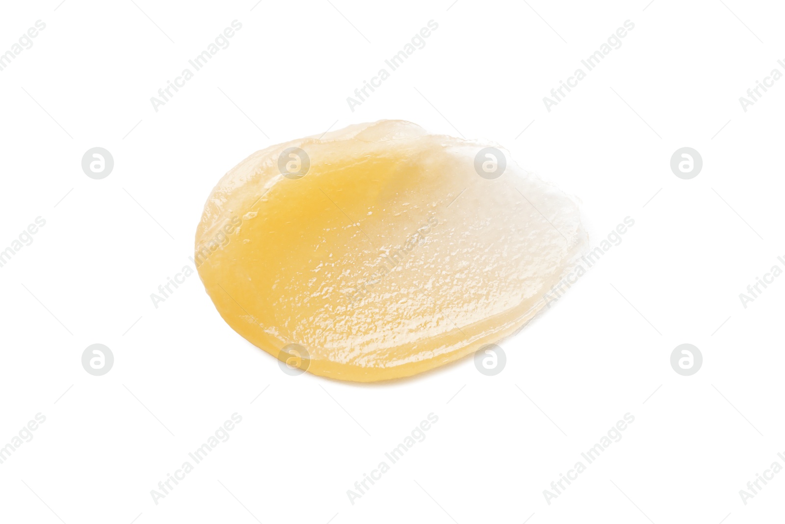 Photo of Sample of beige lip balm isolated on white, top view