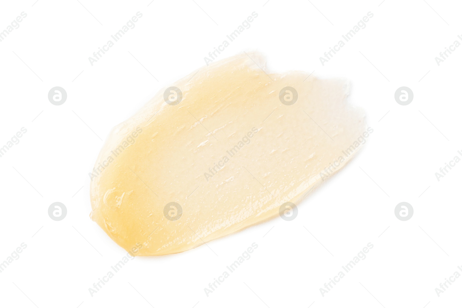 Photo of Sample of beige lip balm isolated on white, top view