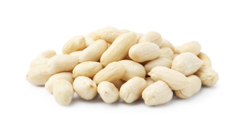 Photo of Pile of fresh peeled peanuts isolated on white