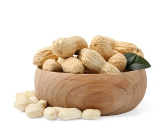 Photo of Fresh unpeeled peanuts in bowl and peeled ones isolated on white