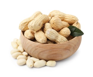 Photo of Fresh unpeeled peanuts in bowl and peeled ones isolated on white