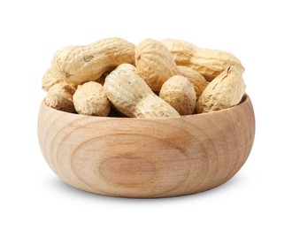 Photo of Unpeeled peanuts in bowl isolated on white