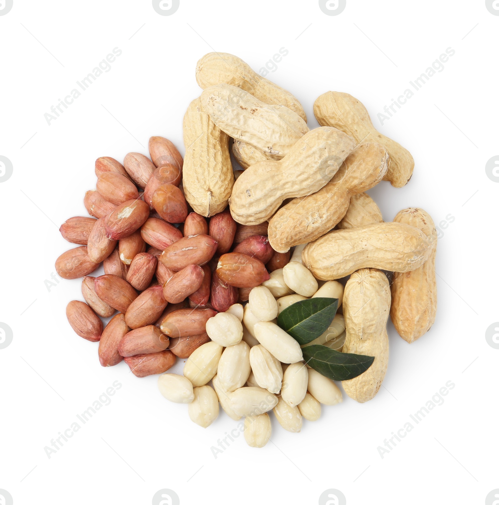 Pile of different peanuts and leaves isolated on white, top view Photo of Pile of different peanuts and leaves isolated on white, top view
