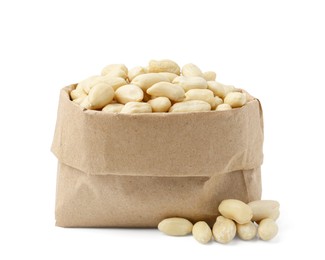 Photo of Peeled peanuts in paper bag isolated on white