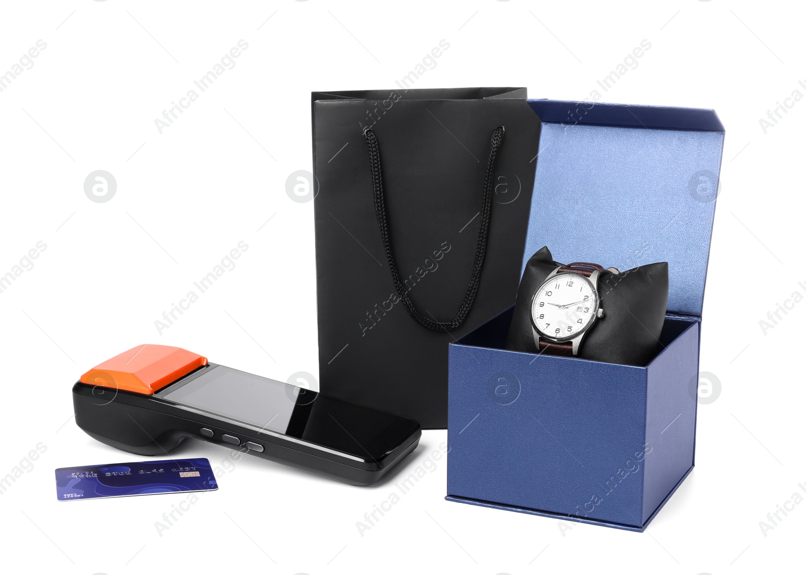 Payment terminal, shopping bag, credit card and watch isolated on white Photo of Payment terminal, shopping bag, credit card and watch isolated on white