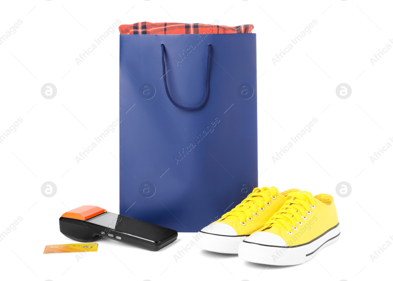 Payment terminal, shopping bag, credit card and sneakers isolated on white Photo of Payment terminal, shopping bag, credit card and sneakers isolated on white