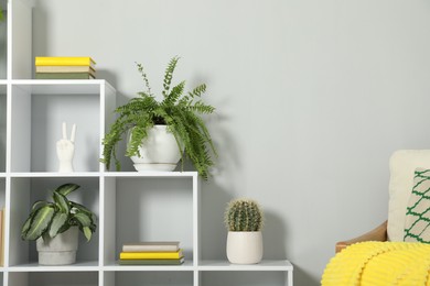 Photo of Shelving unit with green houseplants, other decor and armchair near light grey wall indoors