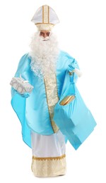 Saint Nicholas with bag of Christmas gifts on white background